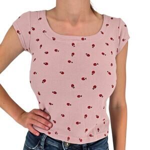 Vintage 2000s Y2K Womens Sz M Short Sleeve Waffle Knit T Shirt Ladybug Print